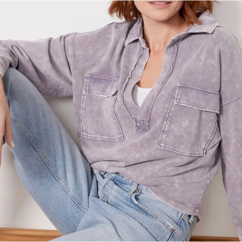 Long Sleeve V-Neck Collard Polo Sweatshirt Medium Purple Gray